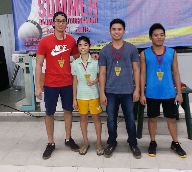 MEN’S CD CHAMPS. Lyrden Laborte (2nd from left) and partner Dexter Opalla (3rd from left) beat Charles Marigomen and Peter Tan in three bruising sets to bag the premier Men’s Doubles CD crown in last Saturday’s MSBC Summer Badminton Tournament.