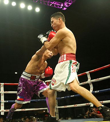 Longest reigning champion Donnie AHAS Nietes of ALA gym manage to dominate the fight against his Mexican Raul Rayito Garcia of their WBO World Jr Flyweight championship of the Pinoy Pride 36 at La Salle Coliseum Bacolod City. (CDN PHOTO/LITO TECSON)