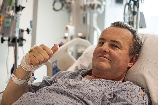 In this May 13, 2016 photo provided by Massachusetts General Hospital, Thomas Manning gives a thumbs up after being asked how he was feeling following the penis transplant. (AP)