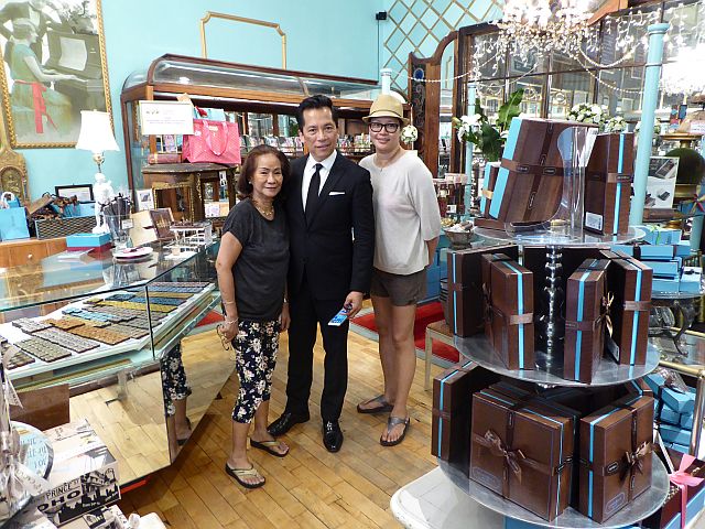 The writer with Fashion Stylist Marlon Corvera and daughter Patricia at MarieBelle’s New York Chocolate Boutique