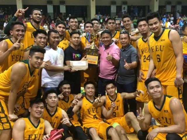 The FEU Tamaraws whoop it up after winning the championship crown of the Mayor Kim Lope A. Asis 1st Collegiate Invitational Basketball Tournament. (CDN PHOTO/CALVIN D. CORDOVA)