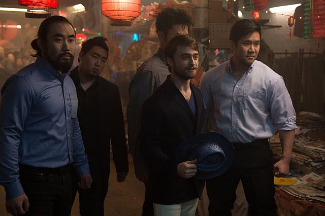 Daniel Radcliffe (fourth  from left)  as tech genius  Walter Mabry in a scene from “Now You See Me 2”