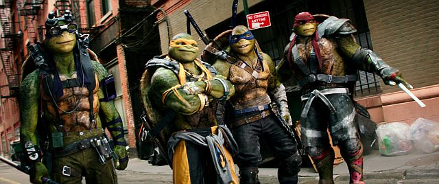 Left to right: Donatello, Michelangelo, Leonardo and Raphael in Teenage Mutant Ninja Turtles: Out of the Shadows.