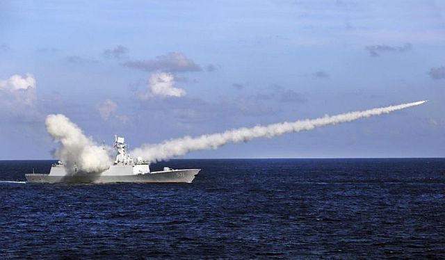 Chinese missile frigate Yuncheng launches an anti-ship missile during a military exercise in the waters near south China’s Hainan Island and Paracel Islands in this July 8, 2016 file photo.