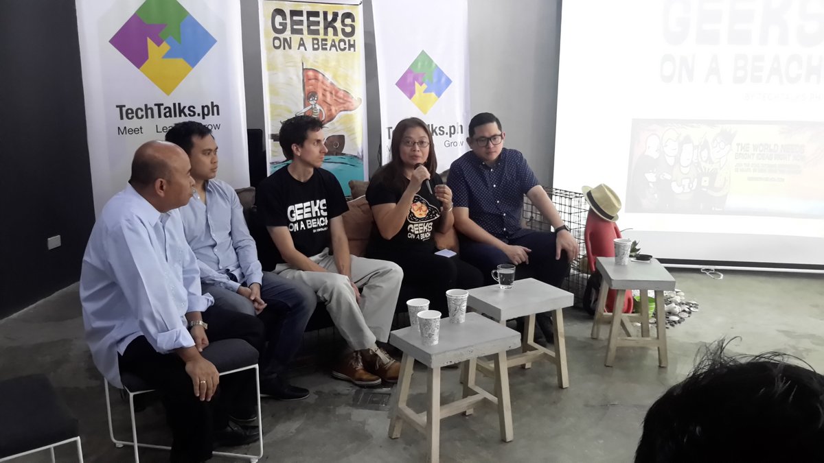 Tina Amper, Tech Talks. Ph founder, outlines the activities to be held in the 2016 Geeks on a Beach conference at Belleuve Hotel in Panglao, Bohol on Aug. 25-26. Also in the photo were Sen. Paolo Benigno “Bam” Aquino IV (extreme right), Sym.Ph chief David Overton (middle), Sym.Ph co-founder Albert Padin and DICT officer Antonio Edward E. Padre. (CDN PHOTO/STEPHEN CAPILLAS)