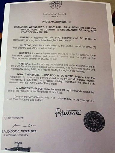 A copy of the Executive Order signed by President Rodrigo Duterte.
