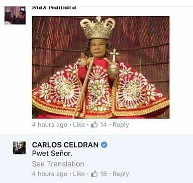 An edited photo of the Sto. Niño appears on the Facebook account of a certain Max Namara. The controversial picture and a two-worded comment posted by Manila-based tour guide Carlos Celdran drew flak on social media for insulting the Catholic faith and the country’s oldest religious icon. (FB POST)