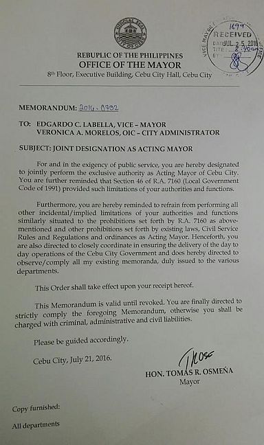 The memo order issued by Cebu City Mayor Tomas Osmena. (CDN PHOTO/NESTLE L. SEMILLA)