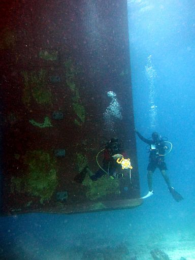DAMAGED CORALS: Divers inspect the area in Monad Shoal where international bulk carrier  "MV Belle Rose"  had  ran aground. 