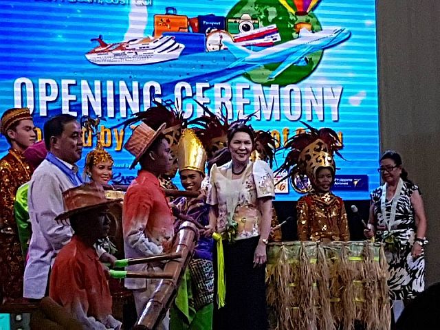 Tourism Secretary Wanda Corazon Teo (seventh from left) graces the opening of last Friday’s 3rd International Travel Fair at the Ayala Center Cebu. Cebu Vice Gov. Agnes Magpale (right) also attended the event. (DOT FACEBOOK PAGE)