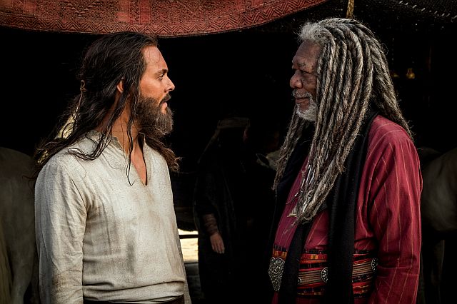 This image released by Paramount Pictures shows Jack Huston as Judah Ben-Hur, left, and Morgan Freeman as Ilderim, left, in a scene from "Ben-Hur." (Philippe Antonello/Paramount Pictures via AP)