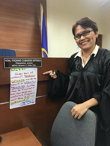 Judge Yvonne Cabaron Artiaga posts a warning to Pokemon Go players not to play in her courtroom. (CDN PHOTO/IZOBELLE T. PULGO)