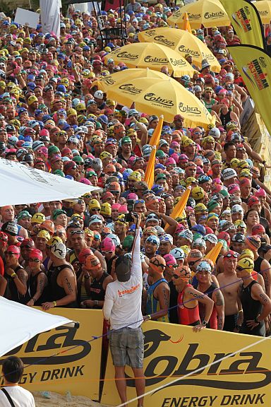 Thousands of Cobra IronMan 70.3 participants wait for the start of the swim leg of the race at the Shangri-La’s Mactan Resort and Spa during last Aug. 7, 2016 event. (CDN PHOTO/JUNJIE MENDOZA)