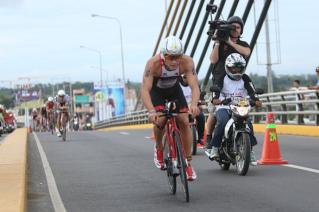 Jake Montgomery of Australia in the bike leg atop the Marcelo Fernan bridge.
