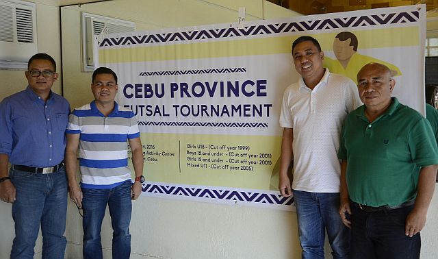 Officials of the Cebu Provincial Sports Commission, (from left): (CPSC) Nimrod Quiñones, commissioner; lawyer Ramil Abing, executive director; Miguel Antonio Magpale, vice chairman; and Brando Velasquez, Sports Development officer, led the launching of a futsal tournament, one of the projects that the new-look CPSC is spearheading after its reconstruction. (CDN PHOTO/CHRISTIAN MANINGO)