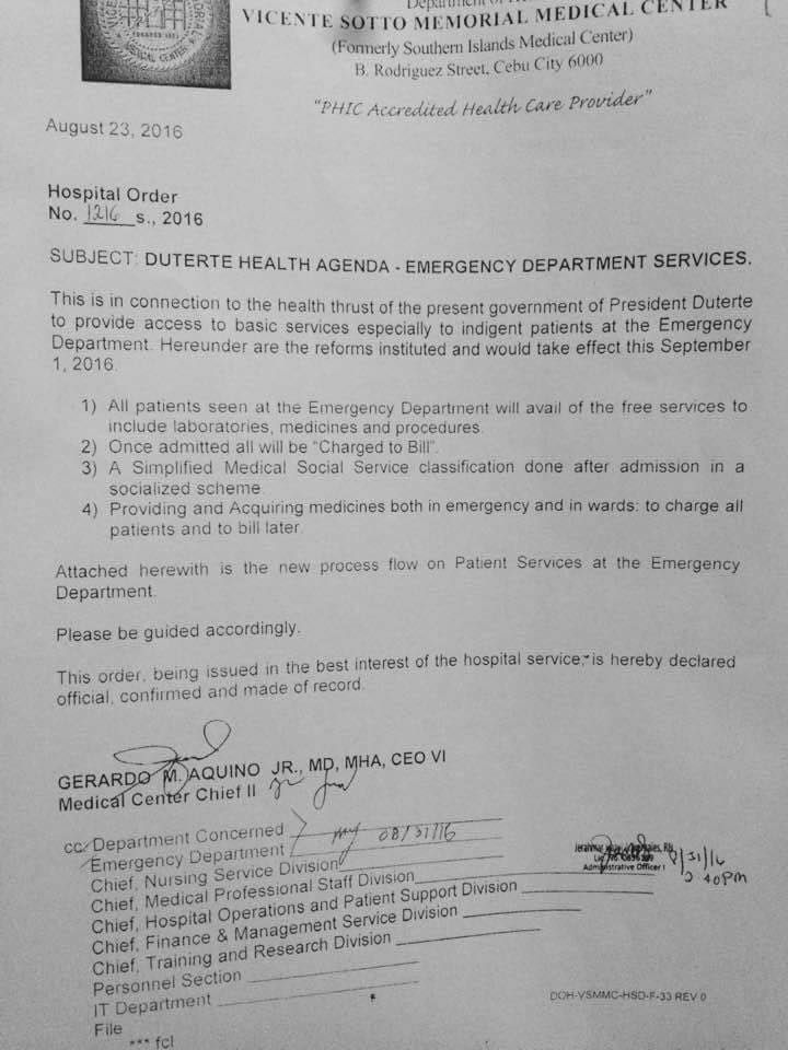 Hospital Order 1216 from VSMMC that was shared by Cebu City Councilor Atty. Ramond Garcia on his Facebook page (GRABBED FROM ATTY. RAYMOND GARCIA'S FACEBOOK PAGE).