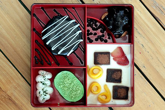  After Dinner Dessert Bento Box: Top : Chocolate Cake and Profiterole Bottom: Macha Mousse and Pana Cotta