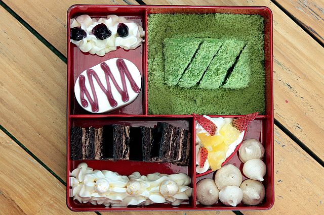 Afternoon Tea Dessert Bento Box : Top: No-Bake Cheese Cake and Macha Short Cake ;  Bottom: Fujinoya Chocolate Cake and Whipped  Icing and Meringue Kisses
