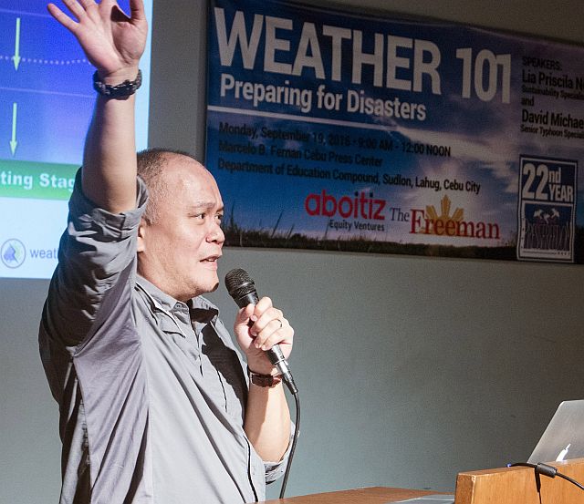 David Michael Padua, senior typhoon specialist of Weather Philippines Foundation, talks about typhoons in a disaster preparedness forum at the Marcelo Fernan Cebu Press Center in Barangay Lahug, Cebu City (CDN PHOTO/CHRISTIAN MANINGO).