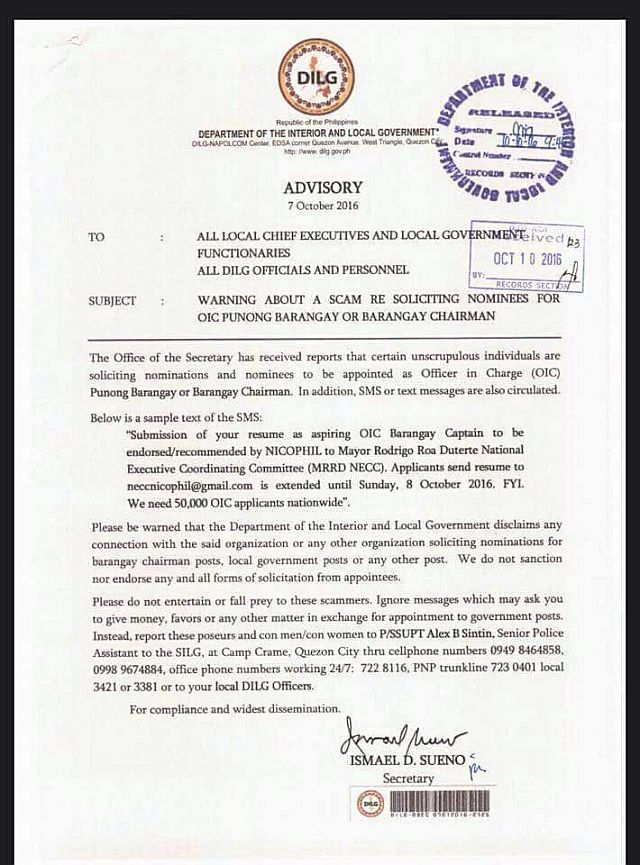 A copy of the advisory issued by the Department of Interior and Local Government (DILG) (CDN PHOTO/ EDISON DELOS ANGELES).