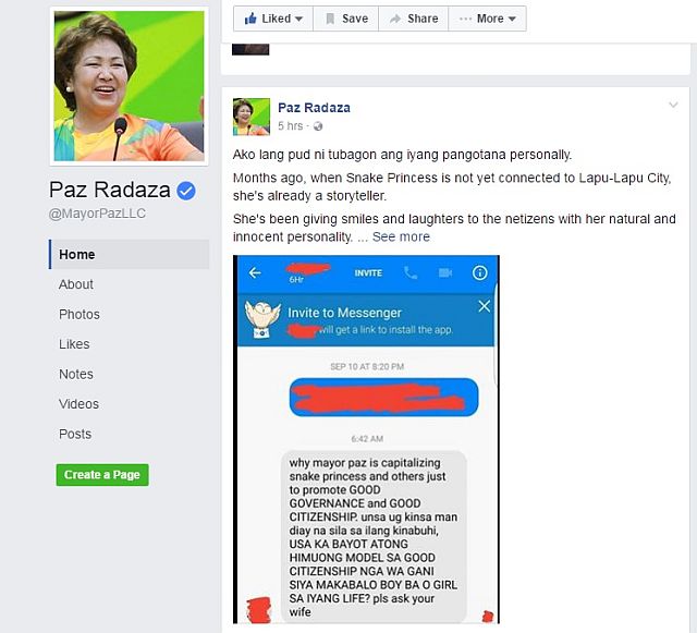 Mayor Paz Radaza responds to a message sent to her one of her consultants through her official Facebook page (SCREENGRAB FROM MAYOR PAZ RADAZA'S OFFICIAL FACEBOOK PAGE).