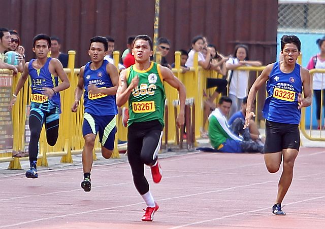 Seth Pilapil of USC dominates the 200-meter final, one of two events he won yesterday at the start  of the 2016  CESAFI track and field competition at the Cebu City Sports Center track oval.  (CDN PHOTO/LITO TECSON)