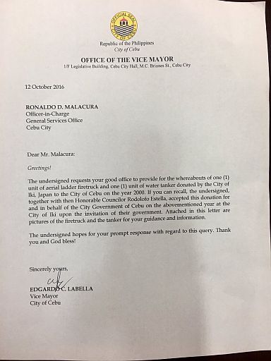 The copy of Cebu City Vice Mayor Edgardo Labella's letter to the General Services Office.(CDN PHOTO/ JOSE SANTINO BUNACHITA)