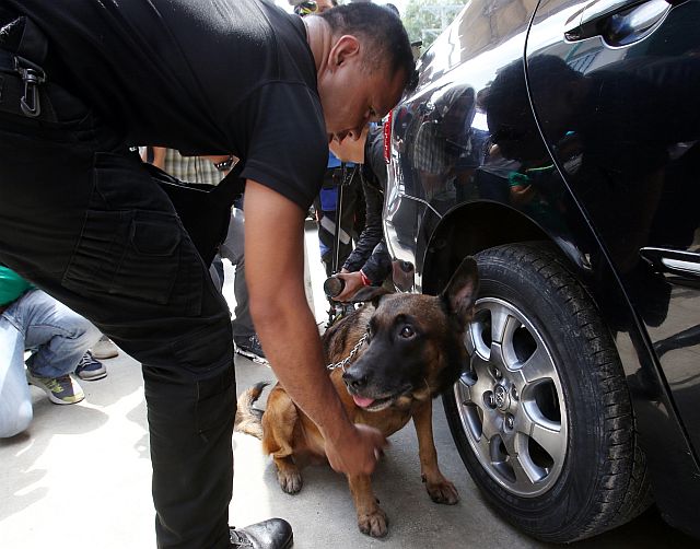 A dog handler pats Gila, one of the K9 dogs turned over by Provincial Capitol to the PDEA-7, for being able to trace the drug inside the rubber tire (CDN PHOTO/JUNJIE MENDOZA).
