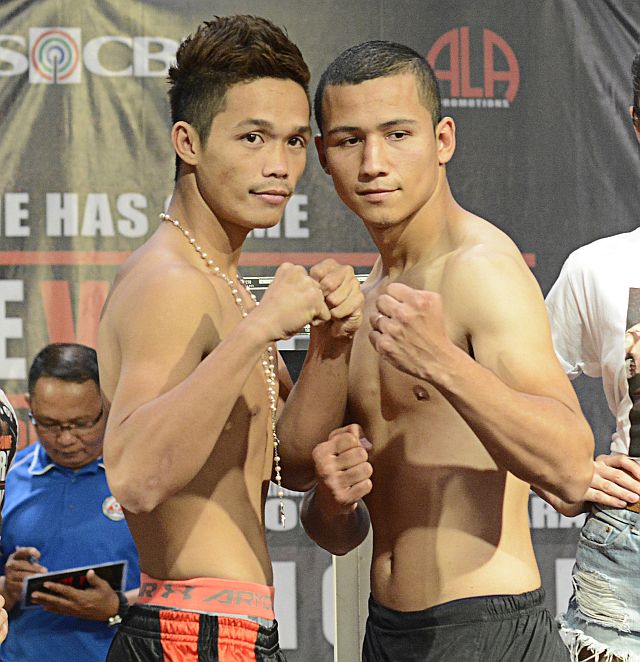DONAIRE VS BEDAK WEIGH-IN/APR. 22, 2016  Jason "El NIño" Pagara and Miguel "Mikol" Zamudio after the weigh-in at the Ayala Activity Center. (CDN PHOTO/CHRISTIAN MANINGO)