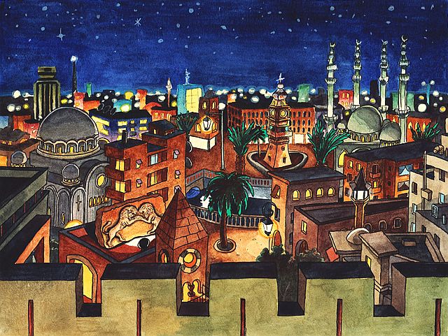 The image 'Aleppo Night' provided by Jan Egesborg on Thursday Oct. 13, 2016 is part  of a 'poetic' protest to draw attention to the ongoing violence in the Syrian city of Aleppo. The Surrend group has painted two serene scenes of Aleppo in the past, which it's sharing over social media and encouraging people to download and share themselves. (Jan Egesborg and Johannes Tows via AP)