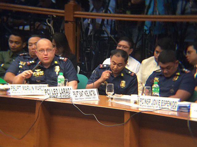 Policemen led by Supt. Marvin Marcos (left), Chief Insp. Leo Laraga and Supt. Santi Noel Matira testify before the Senate investigation on the death of Albuera, Leyte, Mayor Rolando Espinosa. (Inquirer.net)