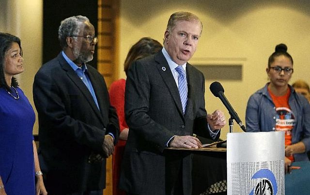 Seattle Mayor Ed Murray (second left) speaks at a post-election event at the Seattle City Hall in this Nov. 9, 2016 photo. Murray and members of the “sanctuary cities” say they won’t change their stance on immigration despite President-elect Donald Trump’s vows to withhold potentially millions of dollars in taxpayer money if they don’t cooperate (AP PHOTO). 