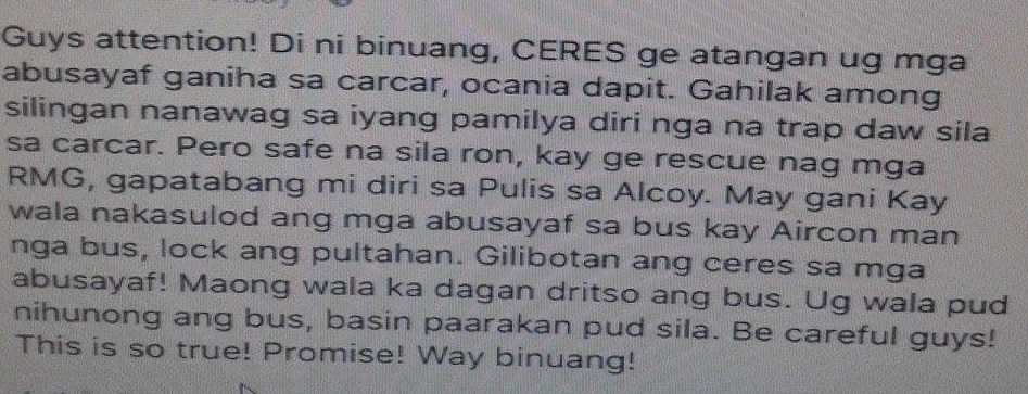 FACEBOOK POST that circulated online from the 17-year old IT student (GRABBED FROM ARGAO POLICE STATION FACEBOOK ACCOUNT).