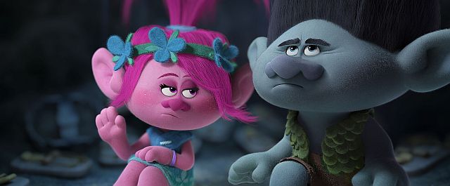 This image released by Dreamworks Animation shows characters Poppy, left, voiced by Anna Kendrick, and Branch, voiced by Justin Timberlake in a scene from "Trolls." (DreamWorks Animation via AP)
