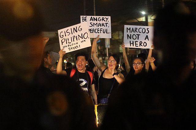 Protesters continue their rallies at the People Power Monument in  Quezon City against the Marcos burial at the Libingan ng mga Bayani (INQUIRER PHOTO).