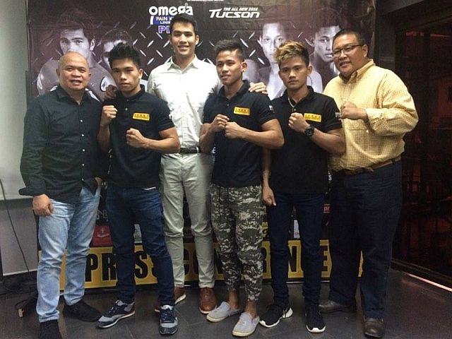Dr. Timothy James Dejano (from left), team physician of Omega Boxing Gym, Kenny Demecillo, Pio Paulo Castillo, president of Omega Pro Sports International (OPSI), Jhack Tepora, Christian Araneta and Rico Navarro, vice president of OPSI, grace yesterday's press launching of “Who's Next?” 3 Pro Boxing Series at IPI main office in Barangay Mabolo, Cebu City.