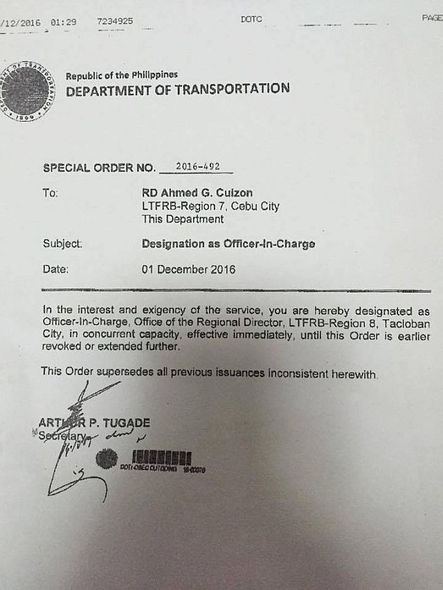 The special order was signed by Department of Transportation (DOT) Secretary Arthur Tugade. 