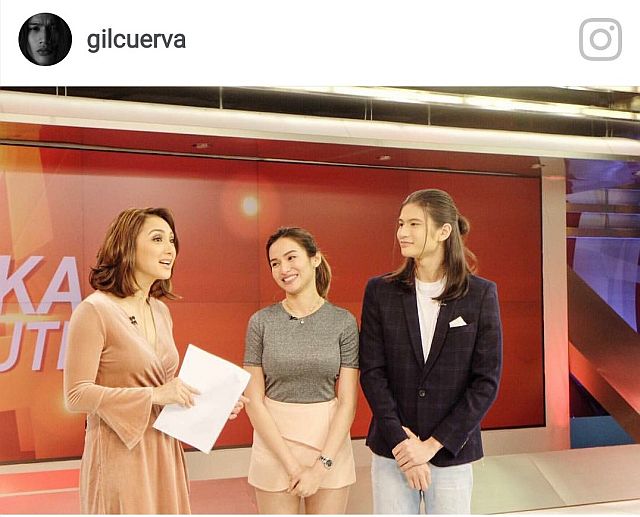 Gil Cuerva (rightmost) with leading lady, Jennylyn Mercado (center)  and Chika Minute’s Iya Villania