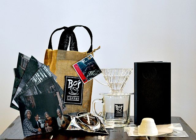  The Bo's Coffee Starter Kit includes  a pour over set from Hario, coffee beans, 40 grams of Benguet Beans and an instruction booklet, two coffee filters and postcards by artist Artu Nepomuceno (CDN PHOTO/XAVIER SOLIS). 