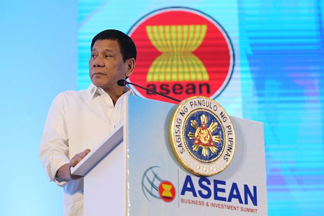 President Rodrigo Duterte addresses business leaders at the 13th Asean Business and Investment Summit in Vientiane, Laos in this Sept. 6, 2016 photo. (PPD FILE PHOTO). 