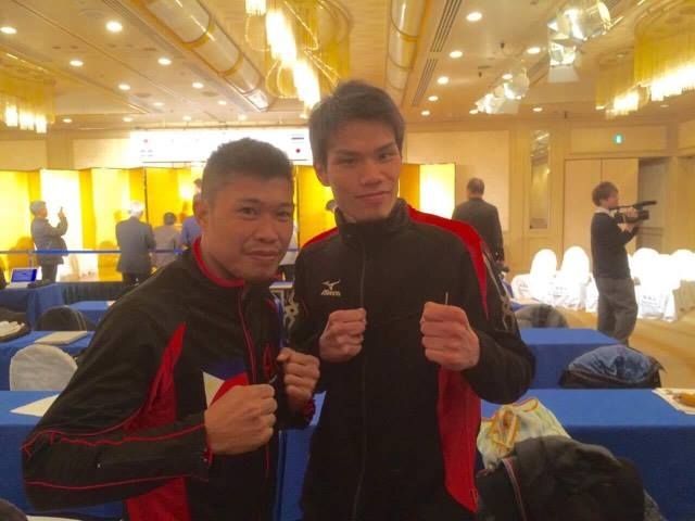 Rocky Fuentes (left) and Shohei Omori pose for cameras after their weigh-in yesterday. (CONTRIBUTED PHOTO). 