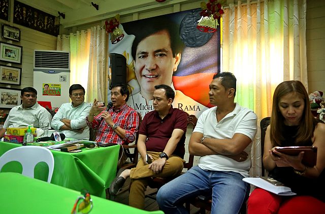 Former Cebu City mayor Michael Rama (3rd from left) together with his allies reveals the negative results of his drug test during a press conference at the Rama compound. (CDN PHOTO/LITO TECSON)