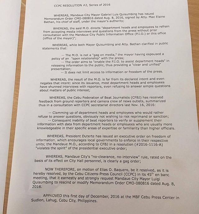A copy of the resolution issued by the CCPC. (CDN PHOTO/IZOBELLE T. PULGO)