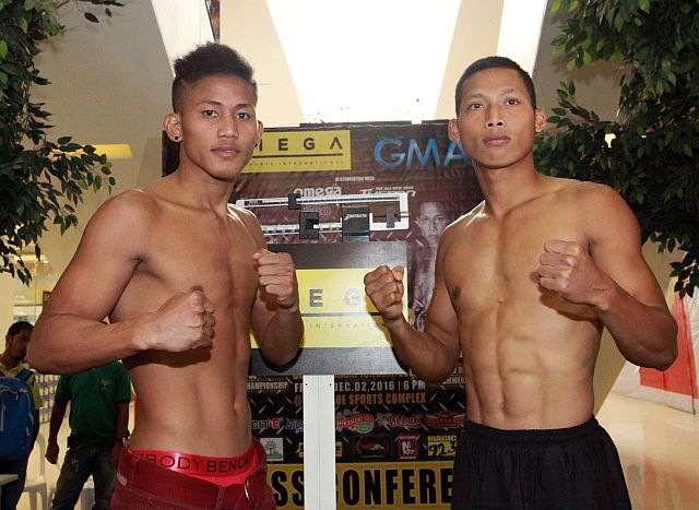 Jhack Tepora (left) and Galih Susanto pose after yesterday’s official weigh-in for “Who’s Next?” 3 Pro-Boxing Series set tonight in Mandaue City. (CDN PHOTO/JUNJIE MENDOZA)