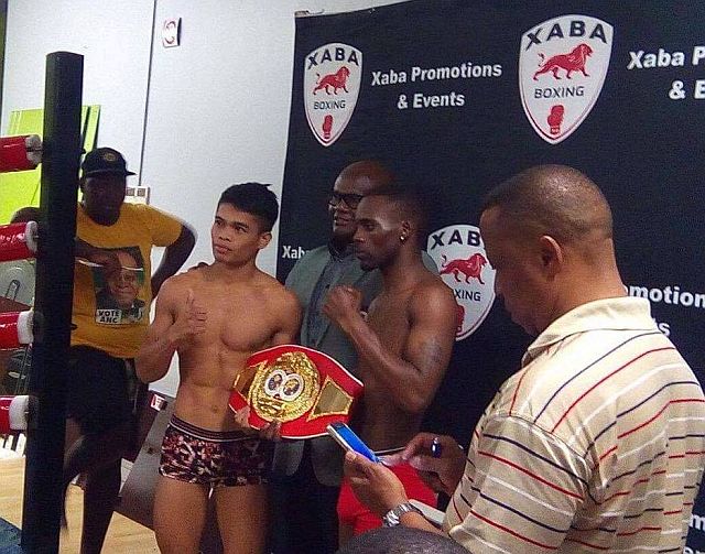 ALA Boxing’s Jonas Sultan and South African Champion Makazole Tete during the weigh in for their title bout today in South Africa. (CONTRIBUTED). 