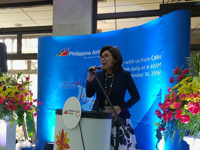 Tourism Secretary Wanda Corazon Teo gives a short message during the send-off ceremony of Philippine Airlines’ inaugural flight from Cebu to Caticlan last Dec. 16 (CDN PHOTO/VICTOR SILVA). 