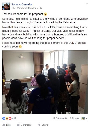 Cebu City Mayor Tomas' post in Facebook after taking the drug test. (TOMMY OSMEÑA FACEBOOK PAGE)