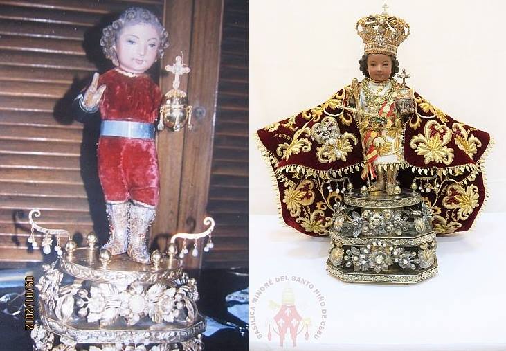The original image of the Sto. Niño de Cebu dons his full regalia and new set of vestments intricately embroidered by seamstresses of the Asilo de la Milagrosa. The ritual 'ilis' was held at the Friar's Oratory of the Basilica Minore del Sto. Niño yesterday when it was taken out of its glass case inside the basilica. The centuries-old image given as baptismal gift by Portuguese explorer Ferdinand Magellan to Cebu's Queen Juana in 1521 (left) was later taken back to the side chapel inside the basilica for public veneration (CDN PHOTO AND CONTRIBUTED PHOTO/EMMANUEL ROSAL NADELA)