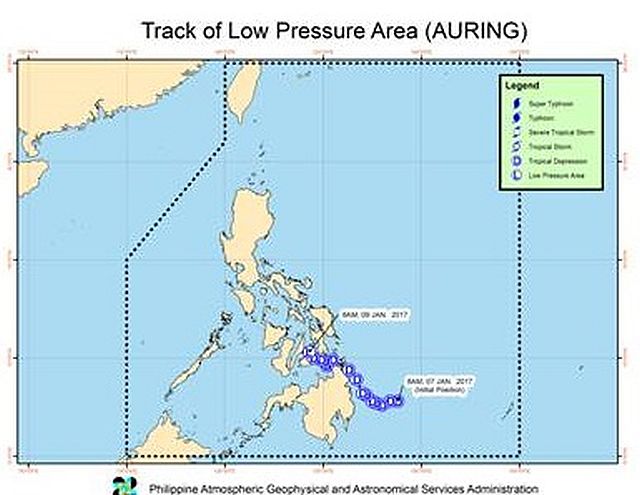 Path of LPA Auring posted by DOST-Pagasa at 11:30 a.m. on Monday.