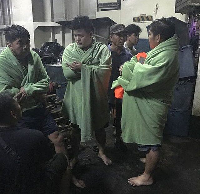 Crew members of MV Meridian Tres talk about their ordeal after they were rescued by the crew of MV Filipinas Butuan. (CONTRIBUTED PHOTO/CHESTER COKALIONG)